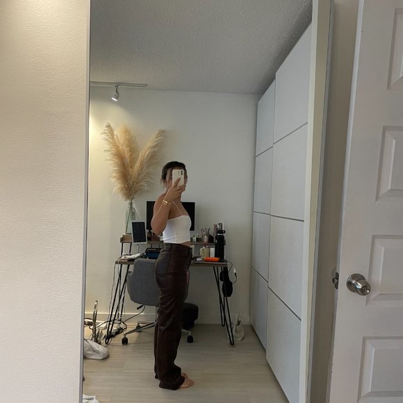 BROWN FAUX LEATHER STRAIGHT LEG PANTS GARAGE CLOTHING - Picture 2 of 3